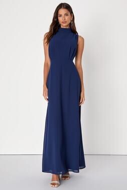 NWT Lulus Classic Elegance Navy Chiffon Sleeveless Mock Neck Maxi Dress Gala L